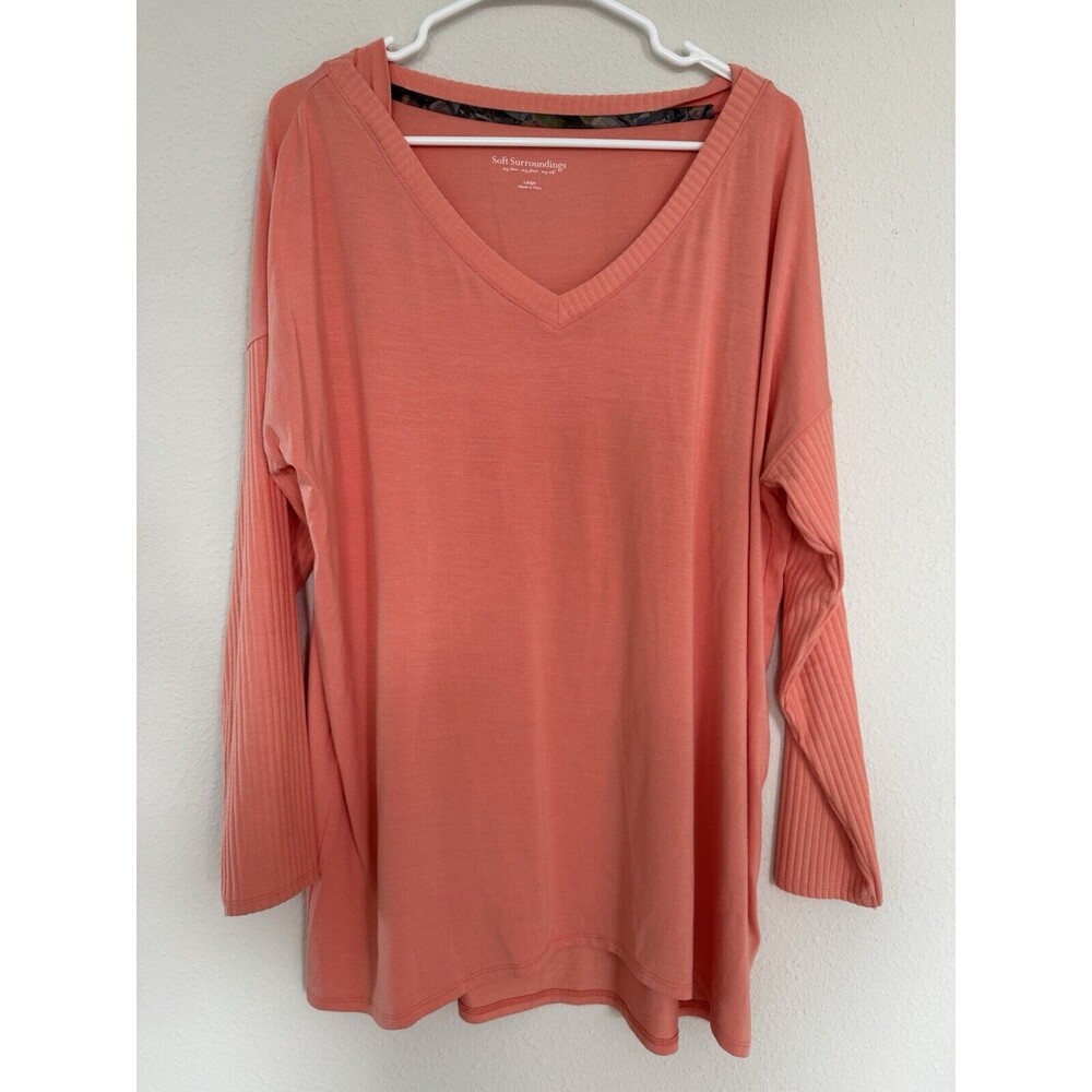 Soft Surroundings Peach Ribbed Soft Sweater Long Sleeve Sz L Cozy Cottagecore